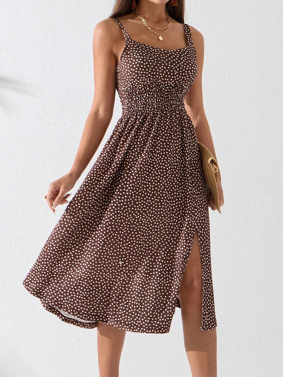 EURMUSE Women Polka Dot Striped Half Slit Detailed Long Dress - Brown - View 1