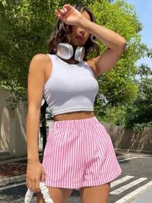 SHEIN EZwear 粉色条纹休闲宽松大码短裤