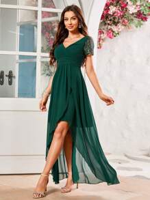 Contrast Lace V-neck High Low Hem Chiffon Bridesmaid Dress - Dark Green - View 5