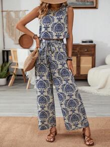 Breezaya 復古印花無袖圓領上衣和寬鬆彈性腰帶褲，2入組夏日度假套裝 - 藏蓝色 - 查看 6