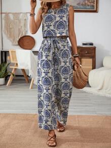 Breezaya 復古印花無袖圓領上衣和寬鬆彈性腰帶褲，2入組夏日度假套裝 - 藏蓝色 - 查看 4
