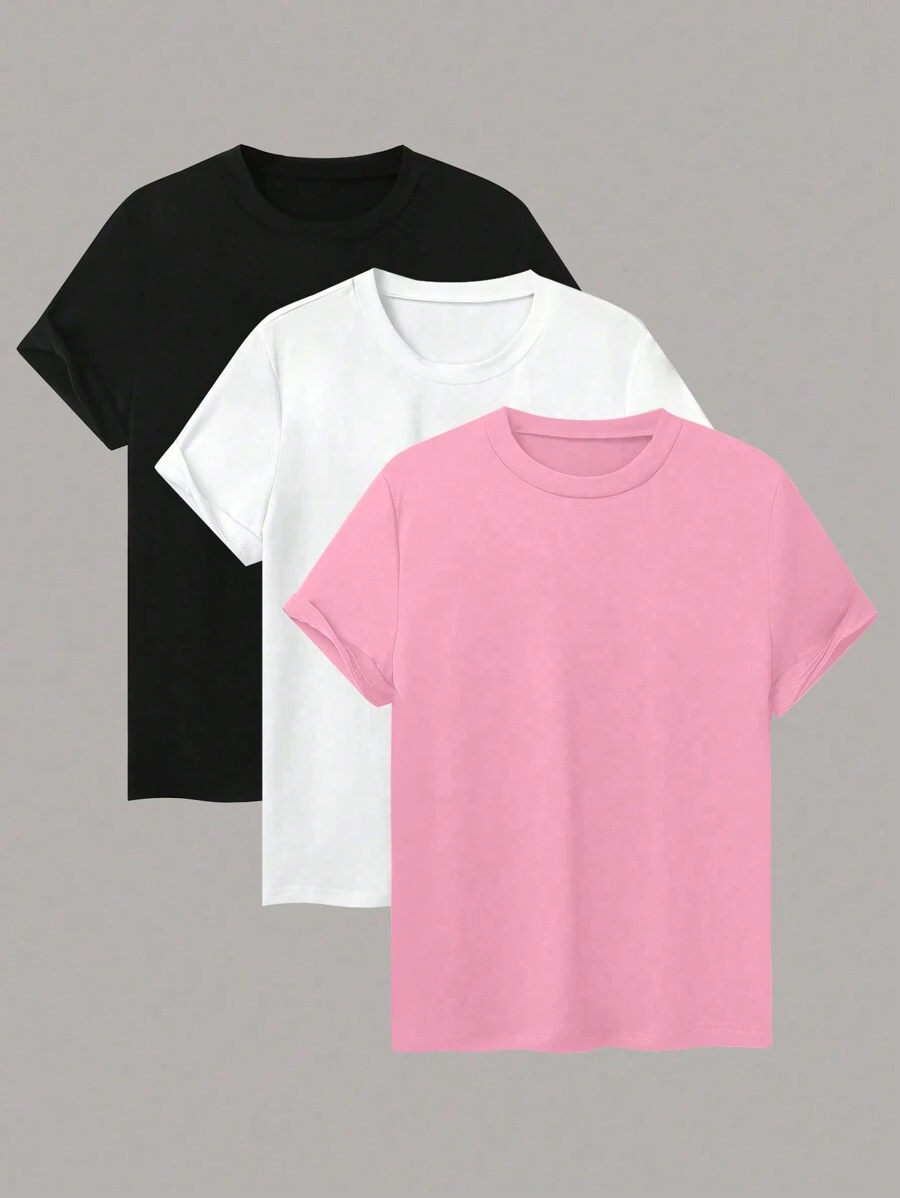 INAWLY Camiseta casual de manga corta de cuello redondo para mujer en unicolor de verano - Rosa - Ver 1
