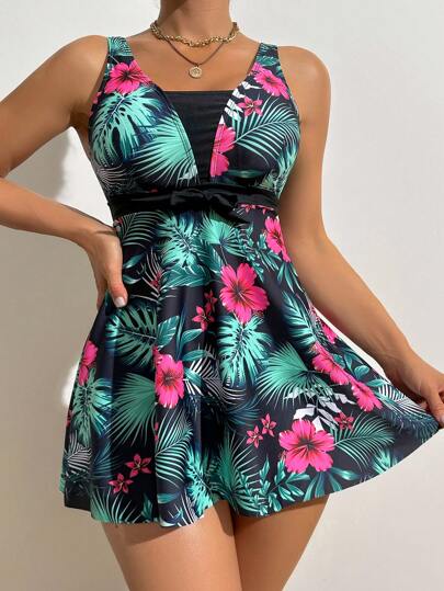 Swim Lushoire Women Tropical Printed Beach Vacation Swim Dress,Summer Beach