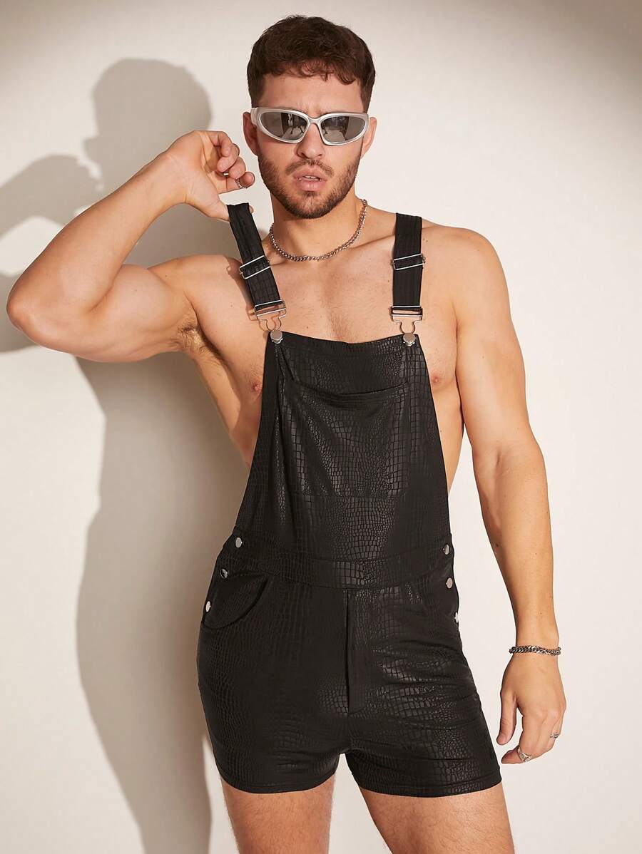 FeverCity 男士時尚鱷魚紋修身背帶褲，夏季 - 彩色 - 查看 1