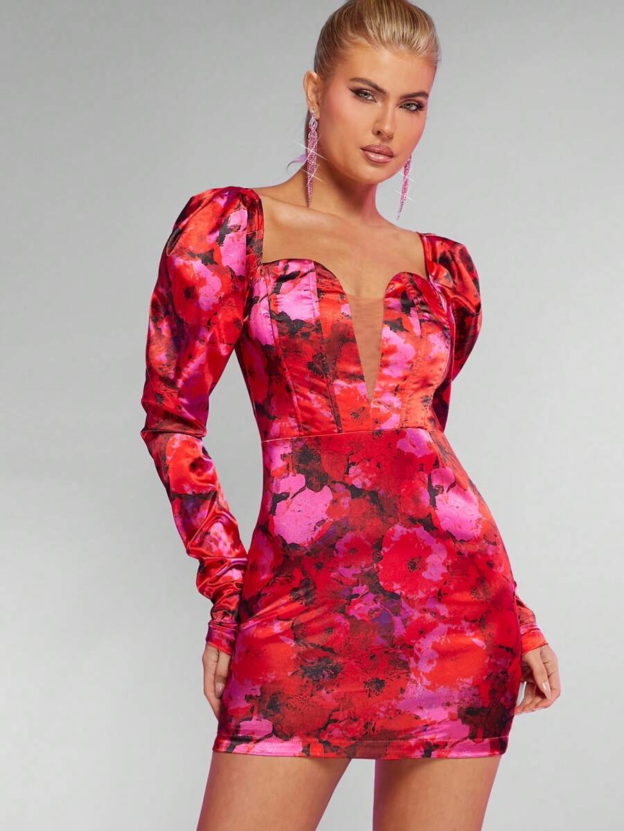 Hauture Vestido Bodycon De Manga Inflada Com Estampa Floral - Multicolorido - Ver 1