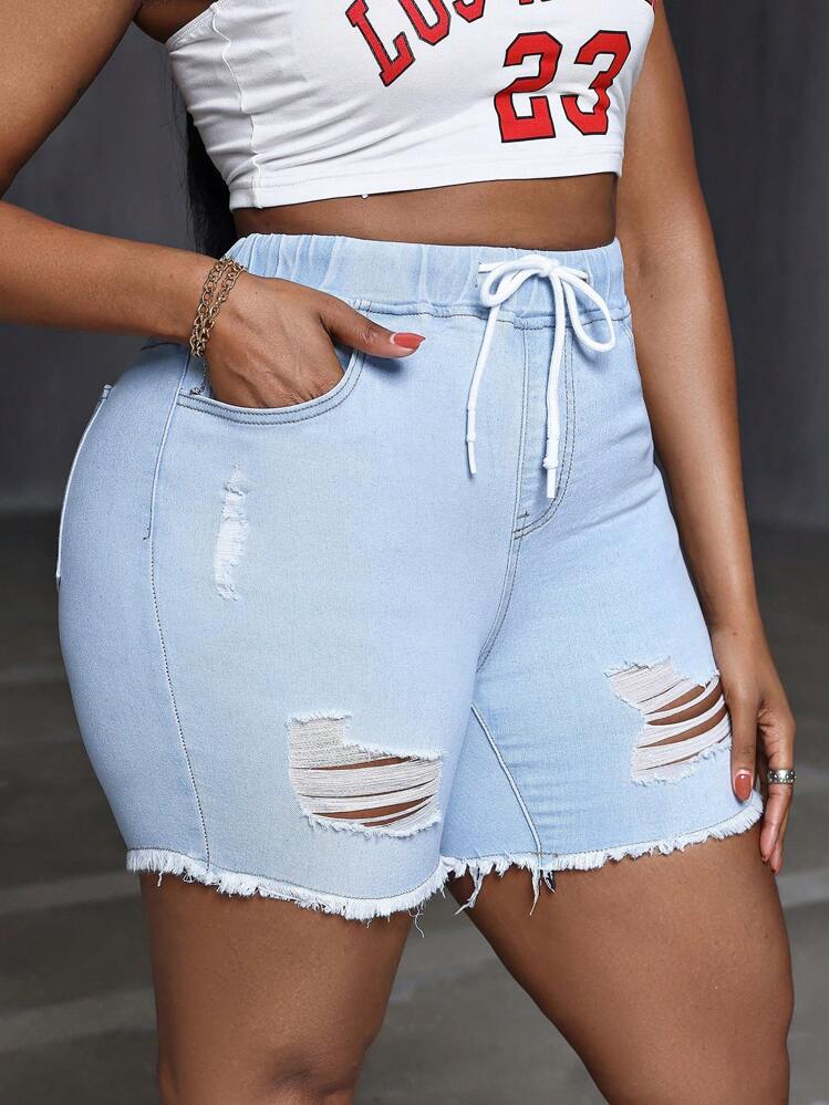 SHEIN SXY Plus Size Plain Color Distressed Fringe Edge Denim Shorts With Pockets For Casual Summer - Light Wash - View 4