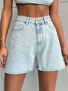 EURMUSE HIGH WAIST Rhinestone DETAILED  BLUE DENIM JEAN - 351 GR - Light Wash - View 3