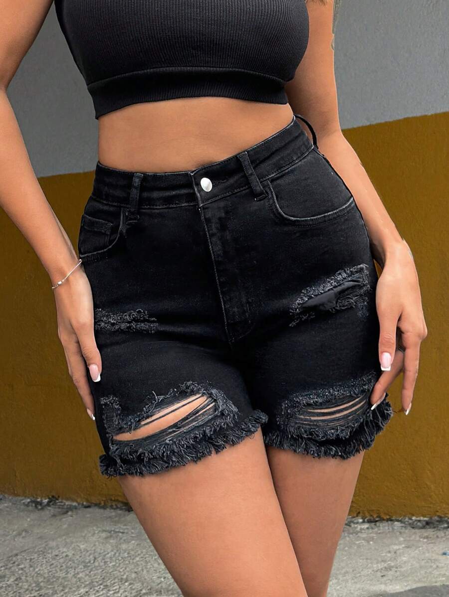 SHEIN Tall Ripped Raw Hem Denim Shorts - Black - View 1