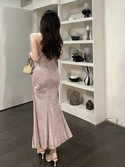 优雅吊带亮片美人鱼连衣裙，夏季女装，适合度假、生日派对、日常穿着