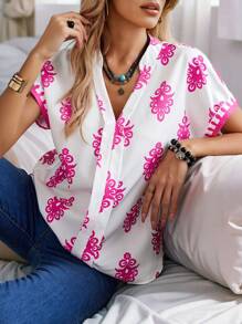 SHEIN LUNE 女式V領花卉印花短袖休閒襯衫，夏季 - 玫紅色 - 查看 4