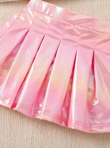 Set 2 bucăți drăguț pentru fete tinere, cu guler rotund, top cu imprimeu grafic și fustă plisată de culoare solidă pentru vară - Roz - Vizualizare 3