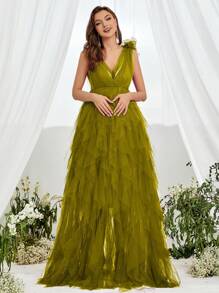 Maternity Plunging Neck Mesh Overlay Prom Party Elegant Dress - Olive Green - View 6