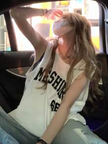 女式休闲字母印花圆领背心，夏季 - 白色 - 查看 1