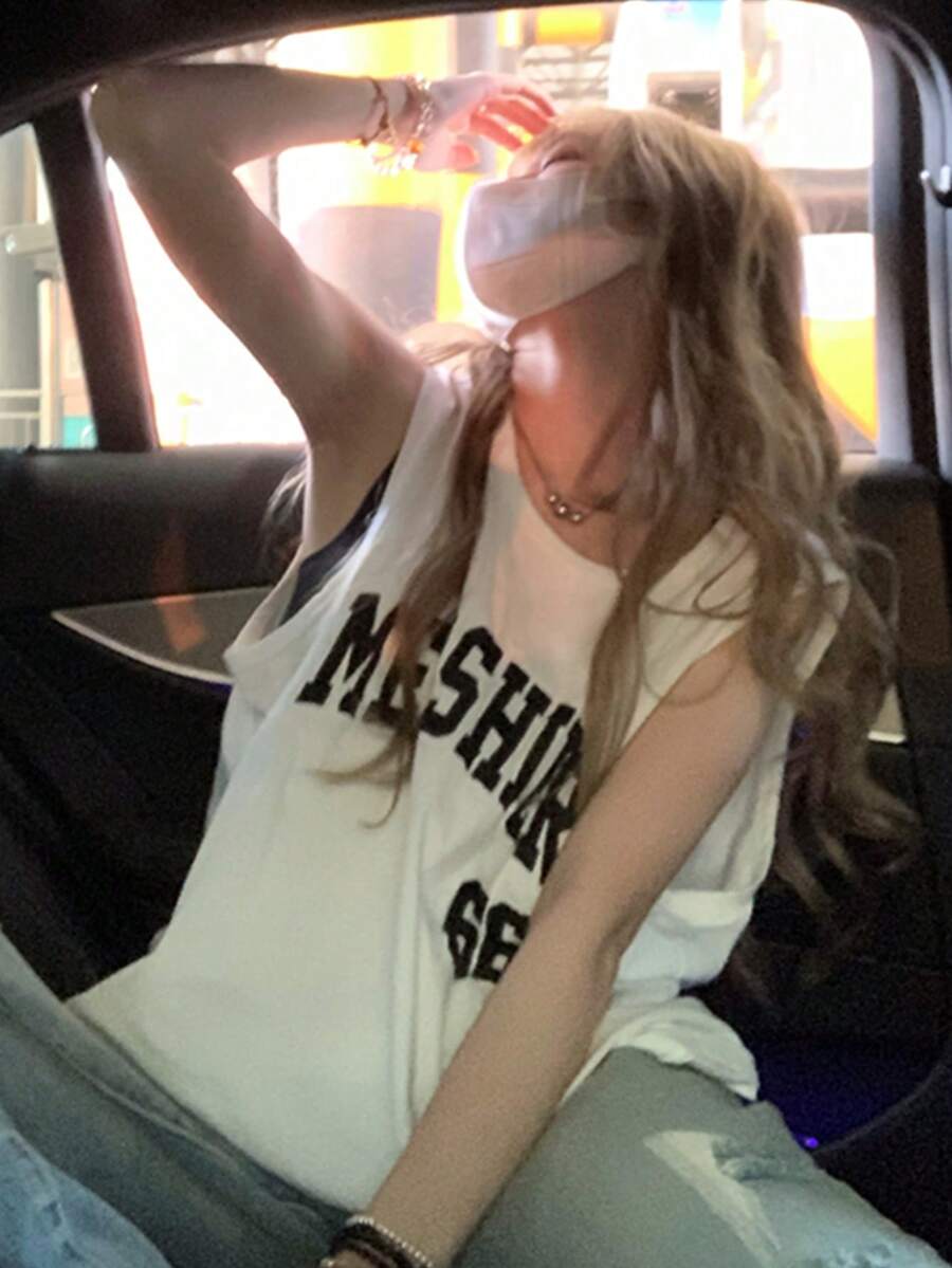 女式休闲字母印花圆领背心，夏季 - 白色 - 查看 1