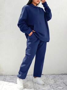 EURMUSE Của phụ nữ Kích thước lớn Màu thuần Thả vai Hoodie Và Quần thể thao Bộ - Màu xanh hải quân - Xem 5