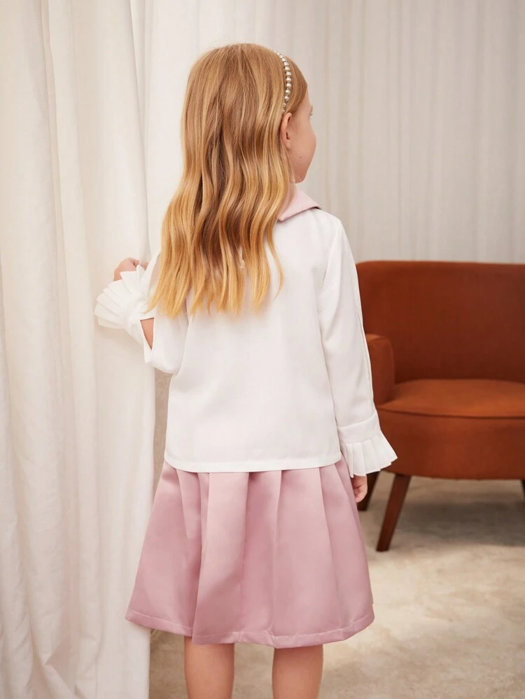 Young Girl Colorblock Pleated Collar Lace Trim Long Sleeve Top And Solid Color Skirt Elegant Two-Piece Set