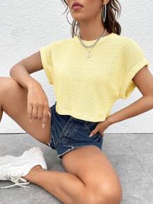 SHEIN EZwear 纯色圆领蝙蝠袖纹理T恤 - 黃色 - 查看 5