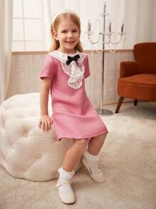 夏季城市優雅的年輕女孩兩色波浪邊領裙裝 - 粉色 - 查看 4