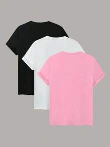 INAWLY Camiseta casual de manga corta de cuello redondo para mujer en unicolor de verano - Rosa - Ver 2