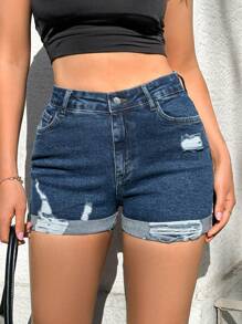 RueChic Elastic, Low Waist, Destroyed Short - Dark Wash - View 3