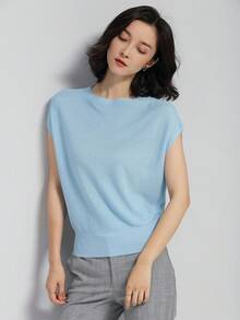 Plain Round Neck Short Sleeve Casual Knit Top, Summer - Baby Blue - View 5