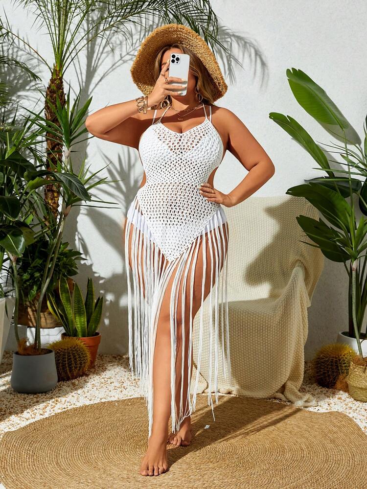 Summer Beach Plus Size Women's Solid Color Simple Daily Hollow Out Cover Up Dress