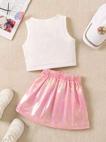Set 2 bucăți drăguț pentru fete tinere, cu guler rotund, top cu imprimeu grafic și fustă plisată de culoare solidă pentru vară - Roz - Vizualizare 2