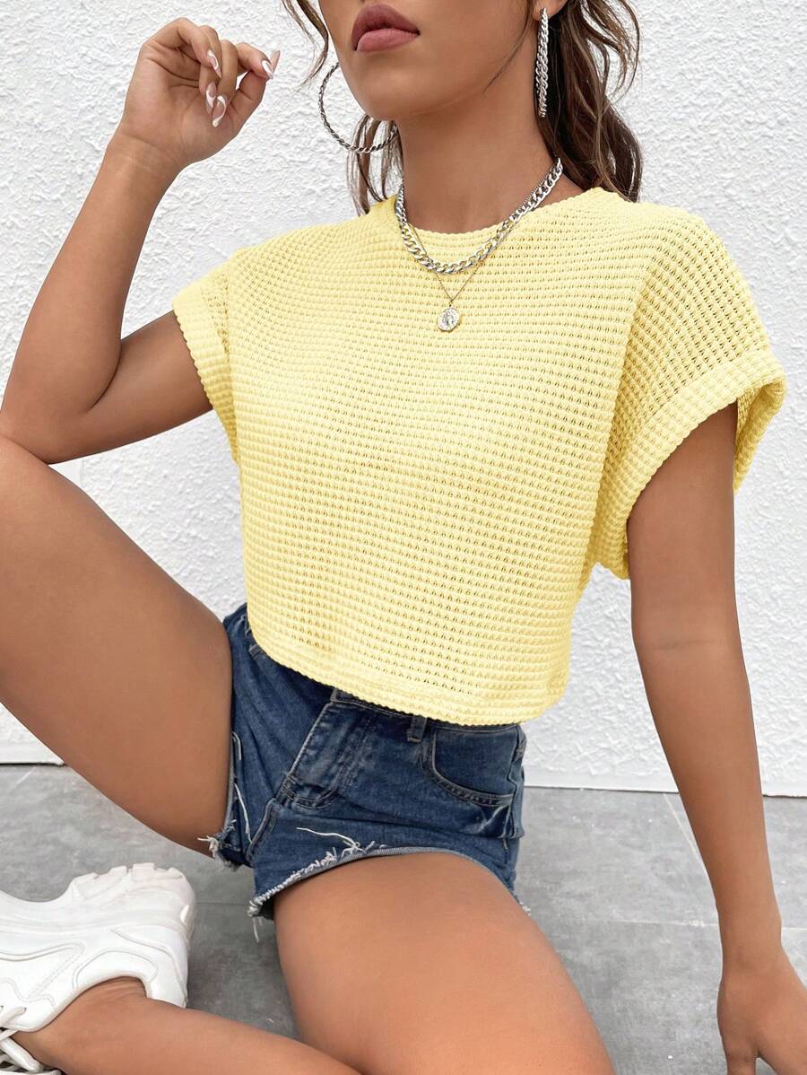 SHEIN EZwear 纯色圆领蝙蝠袖纹理T恤 - 黃色 - 查看 1