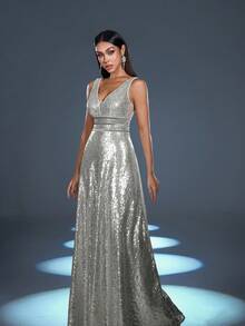 Faeriesty Fashionable Party Deep V-Neck Backless Sequin Dress - Silver - View 7