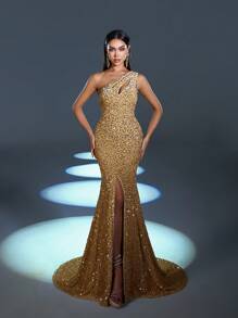 Elisanya Vestido de noche asimétrico elegante y glamoroso con lentejuelas - Perfecto para eventos en la alfombra roja, bodas de lujo, inauguraciones de galerías de arte y fiestas de la moda de medianoche. Vestido de fiesta, vestido de invitada de boda, vestido formal, vestido de noche. - Champán - Ver 4