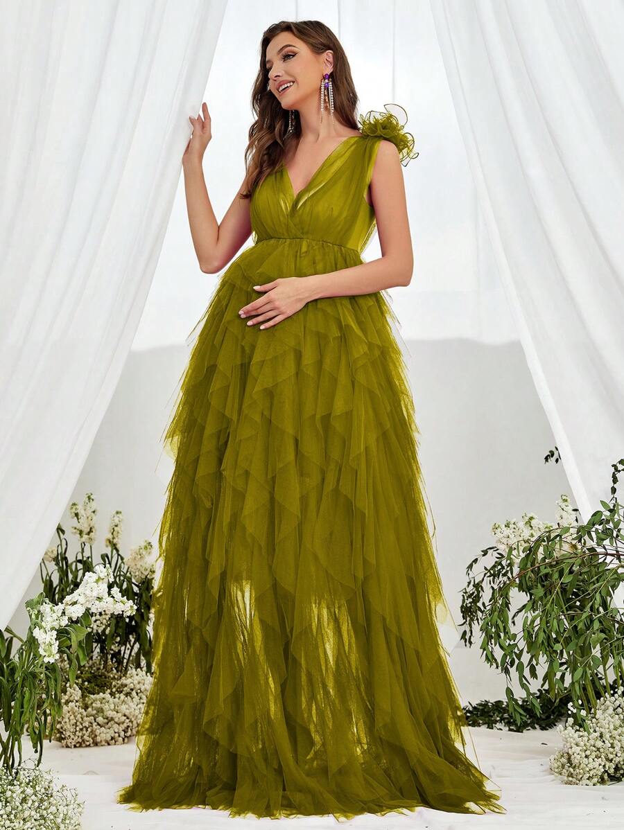 Maternity Plunging Neck Mesh Overlay Prom Party Elegant Dress - Olive Green - View 1