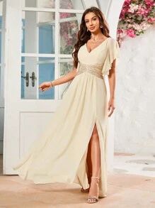 UNITHORSE 性感露背亮片紧身连衣裙、伴娘服、女士生日服装、毕业礼服、正式礼服 - 杏色 - 查看 7