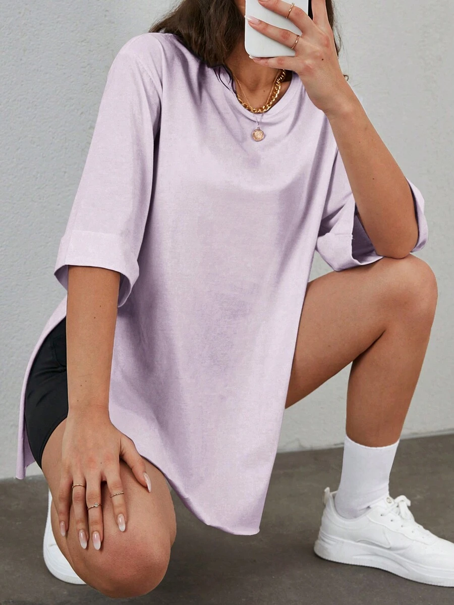 Cottnline 夏季纯色圆领开衩下摆休闲 T 恤 - 紫丁香色 - 查看 1
