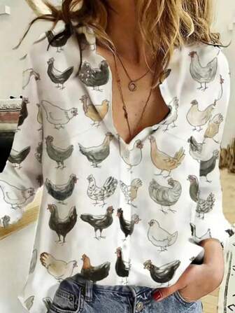 Plus Size Women's Chicken Printed Long Sleeve Shirt