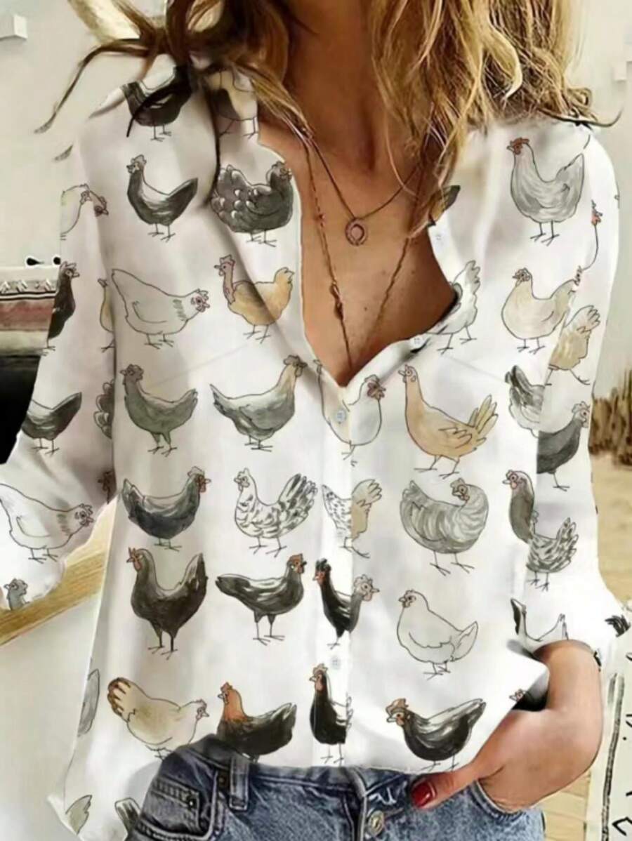 Plus Size Women's Chicken Printed Long Sleeve Shirt