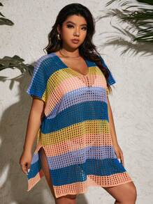 SHEIN Swim Curve Plus Size Solid Color V-Neck Contrast Striped Casual Dress With Split Hem And Cover Up,Summer Beach - Teal Blue - View 4