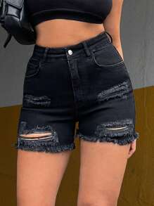 SHEIN Tall Ripped Raw Hem Denim Shorts - Black - View 5