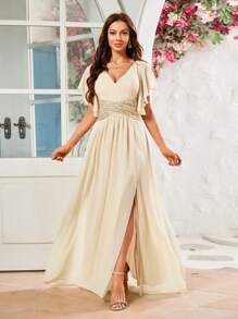 UNITHORSE 性感露背亮片紧身连衣裙、伴娘服、女士生日服装、毕业礼服、正式礼服 - 杏色 - 查看 5