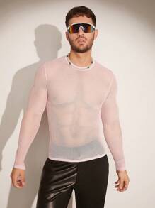 FeverCity Jersey transparente de manga larga y cuello redondo de unicolor para hombre, primavera/verano