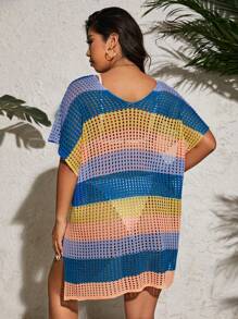 SHEIN Swim Curve Plus Size Solid Color V-Neck Contrast Striped Casual Dress With Split Hem And Cover Up,Summer Beach - Teal Blue - View 2