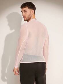 FeverCity Jersey transparente de manga larga y cuello redondo de unicolor para hombre, primavera/verano