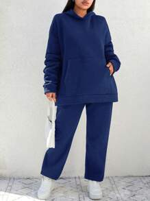 EURMUSE Của phụ nữ Kích thước lớn Màu thuần Thả vai Hoodie Và Quần thể thao Bộ - Màu xanh hải quân - Xem 3