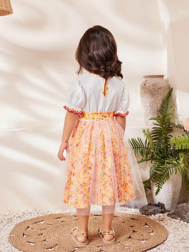 Young Girl Countryside Printed Embroidery Holiday Dress, Summer