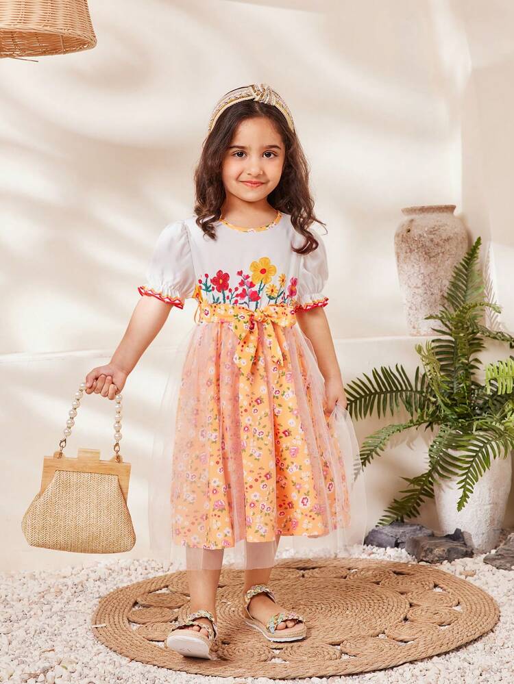 Young Girl Countryside Printed Embroidery Holiday Dress, Summer