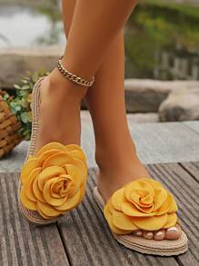 Women's Solid Color Elegant Sandals, Crisscross Straps Elastic Lightweight Flat Shoes, Yellow Flower Casual Beach Shoes - Yellow - View 3