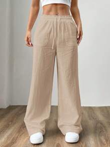 SHEIN EZwear 女士時尚夏季輕盈簡約卡其色編織寬腿褲 - 卡其色 - 查看 3