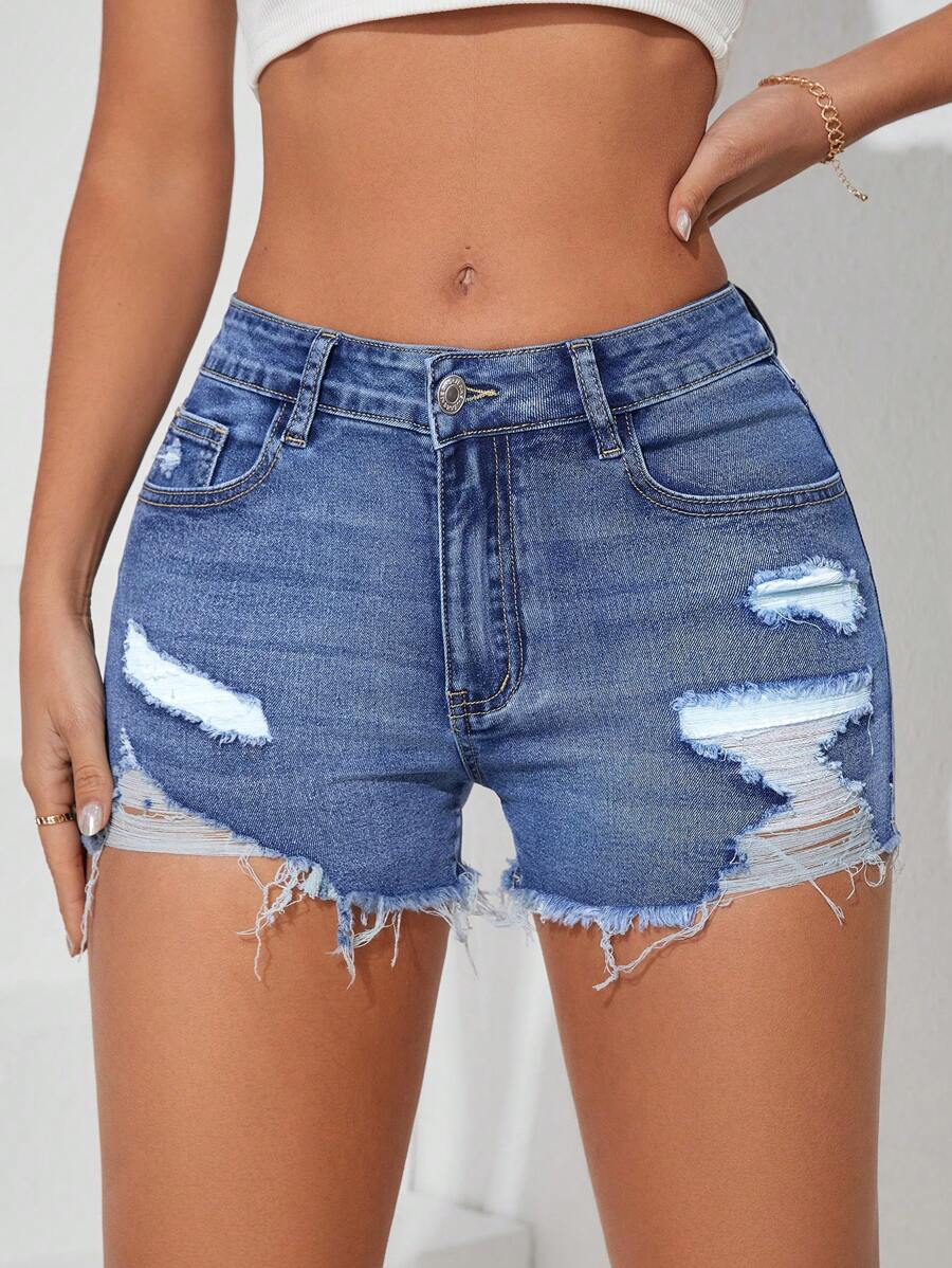 SHEIN Tall Women's Fashionable Stretchy Distressed Washed Denim Shorts For Casual Wear - Dark Wash - View 1