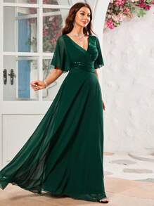 V 领亮片缀饰雪纺新娘母亲优雅连衣裙 - 墨綠色 - 查看 6