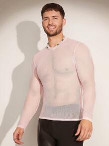 FeverCity Jersey transparente de manga larga y cuello redondo de unicolor para hombre, primavera/verano