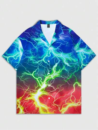 Uomo Camicia casual a maniche corte con stampa sfumata di fulmini, camicia hawaiana per le vacanze estive